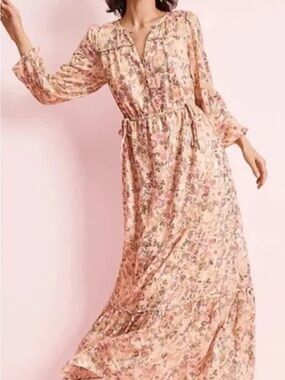LOFT  Petite Shimmer Floral Double Tie Waist Maxi Dress - Peach Beige